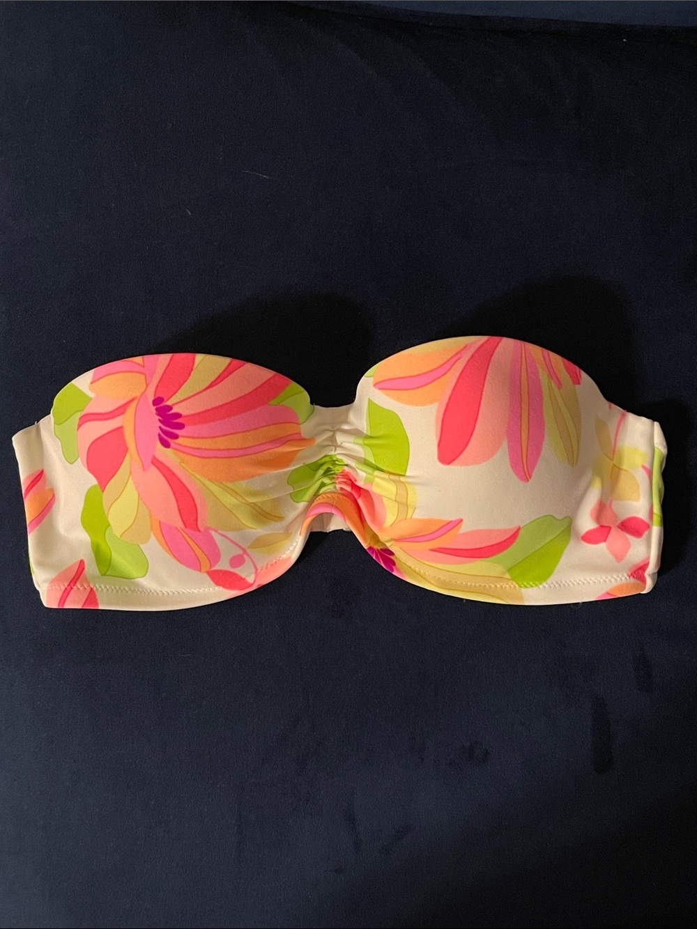 Strapless Floral Bandeau Bikini Top - Cream with Pink & Lime